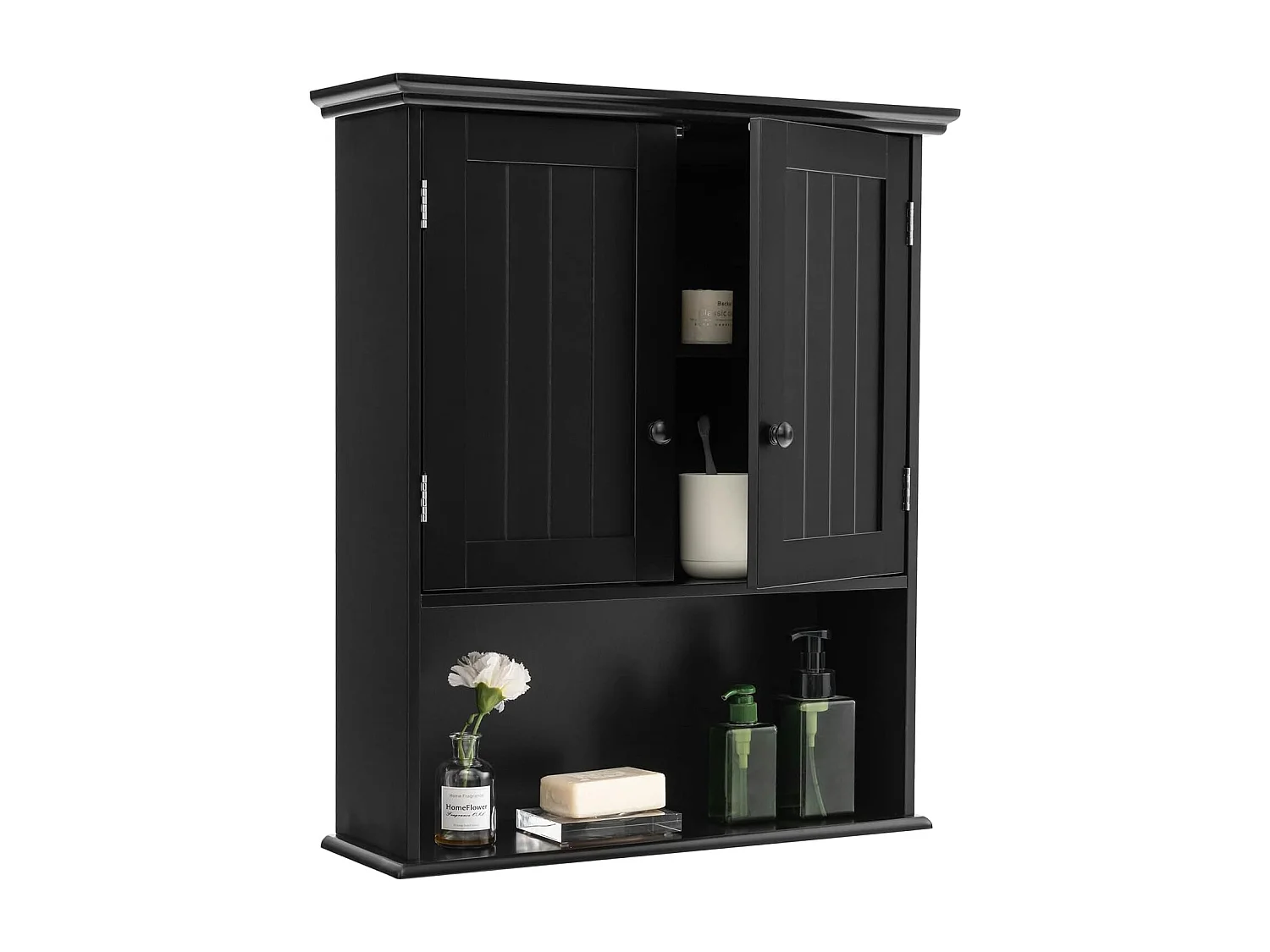 Hangkast, medicijnkast, wandkast met dubbele deur, badkamerkast, keukenkast, onderkast met verstelbare plank, kast voor badkamer, keuken, entree (zwart)TI88152