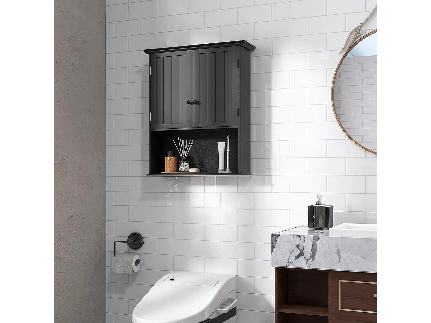 Hangkast, medicijnkast, wandkast met dubbele deur, badkamerkast, keukenkast, onderkast met verstelbare plank, kast voor badkamer, keuken, entree (zwart)TI88152