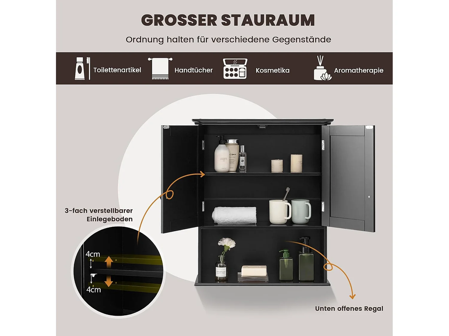 Hangkast, medicijnkast, wandkast met dubbele deur, badkamerkast, keukenkast, onderkast met verstelbare plank, kast voor badkamer, keuken, entree (zwart)TI88152