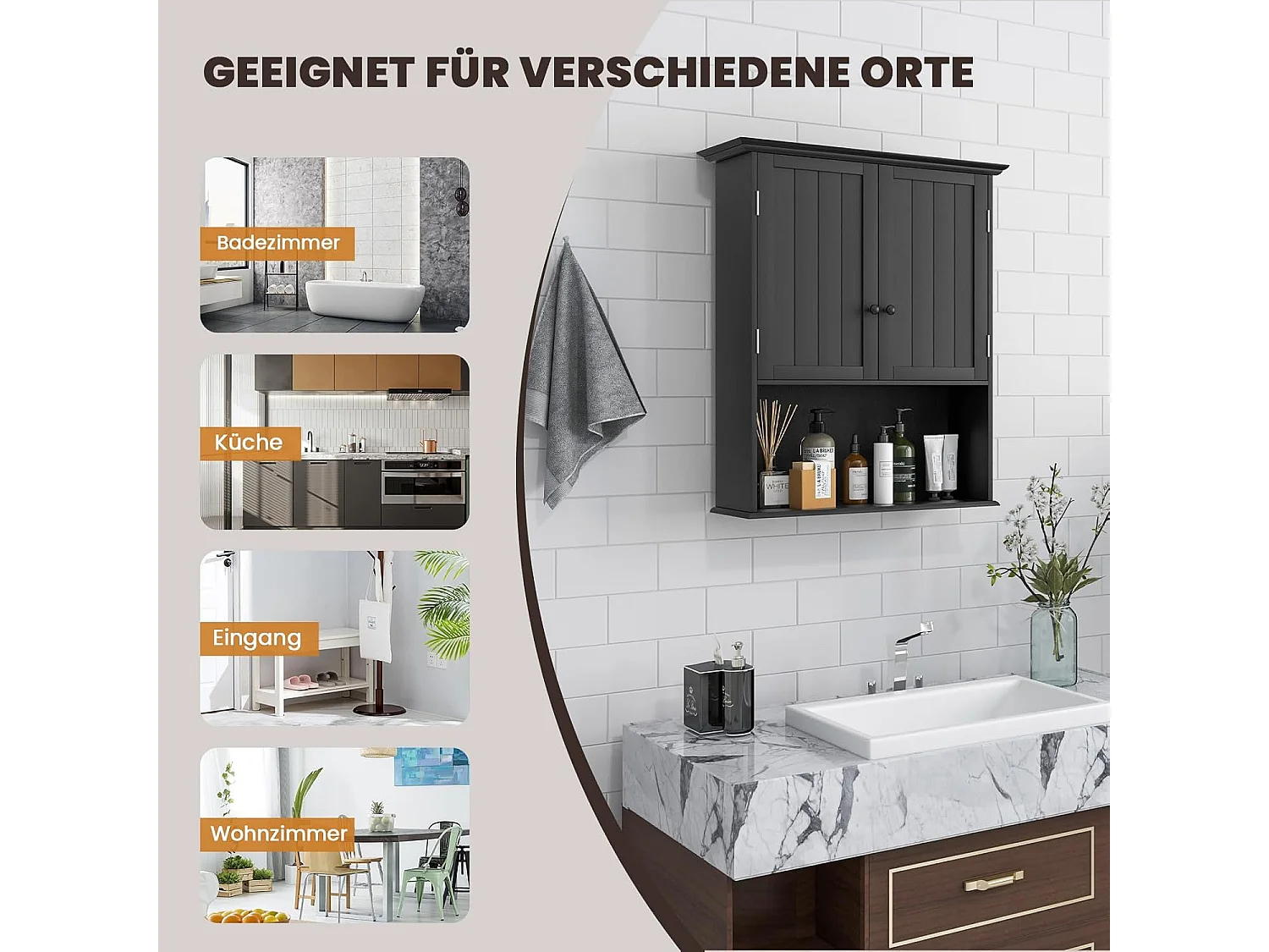 Hangkast, medicijnkast, wandkast met dubbele deur, badkamerkast, keukenkast, onderkast met verstelbare plank, kast voor badkamer, keuken, entree (zwart)TI88152