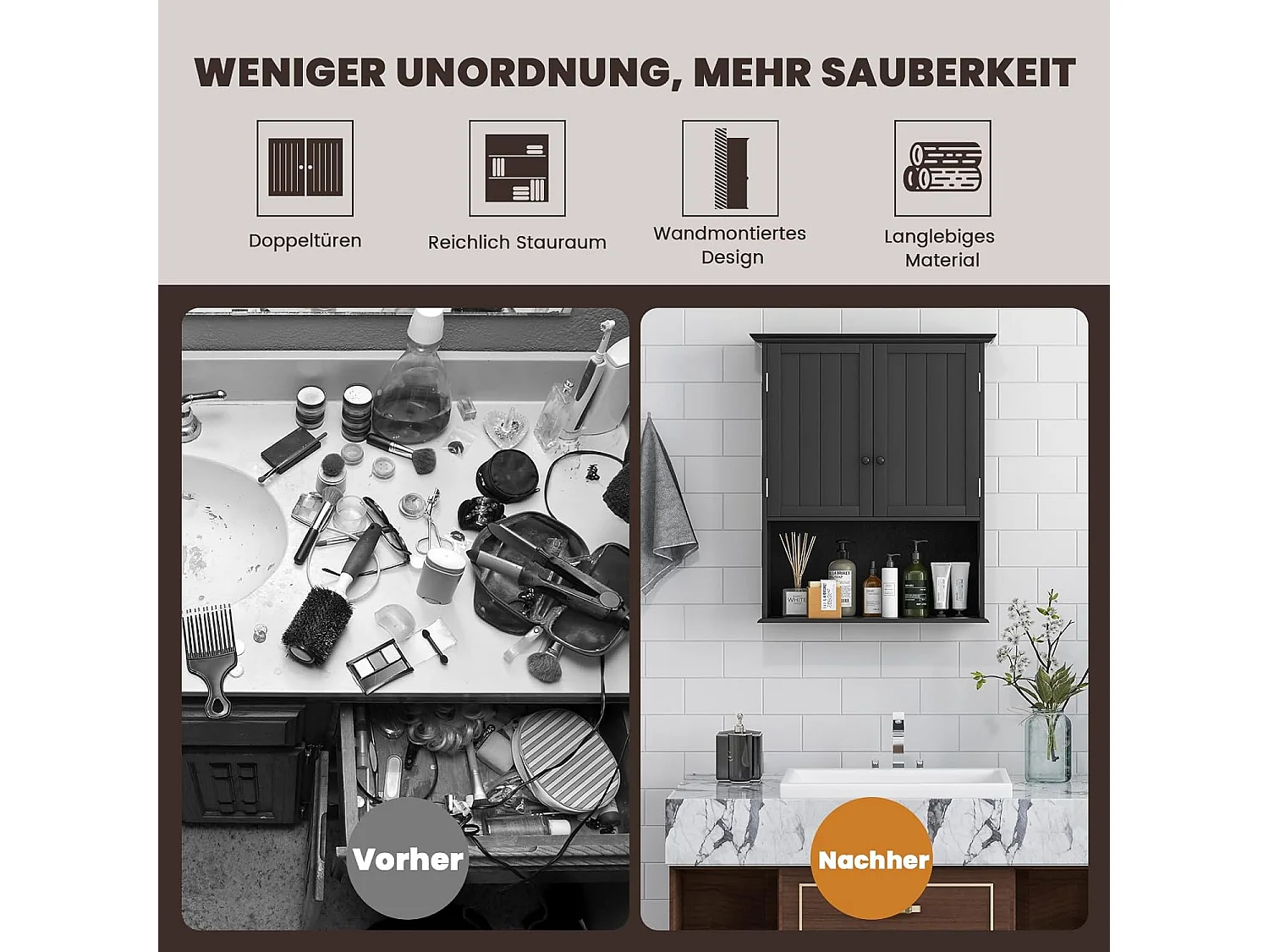 Hangkast, medicijnkast, wandkast met dubbele deur, badkamerkast, keukenkast, onderkast met verstelbare plank, kast voor badkamer, keuken, entree (zwart)TI88152