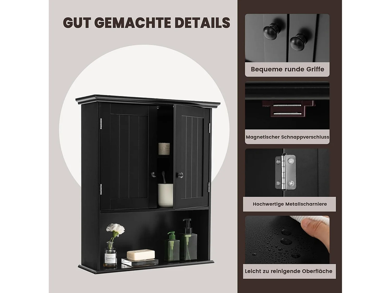 Hangkast, medicijnkast, wandkast met dubbele deur, badkamerkast, keukenkast, onderkast met verstelbare plank, kast voor badkamer, keuken, entree (zwart)TI88152