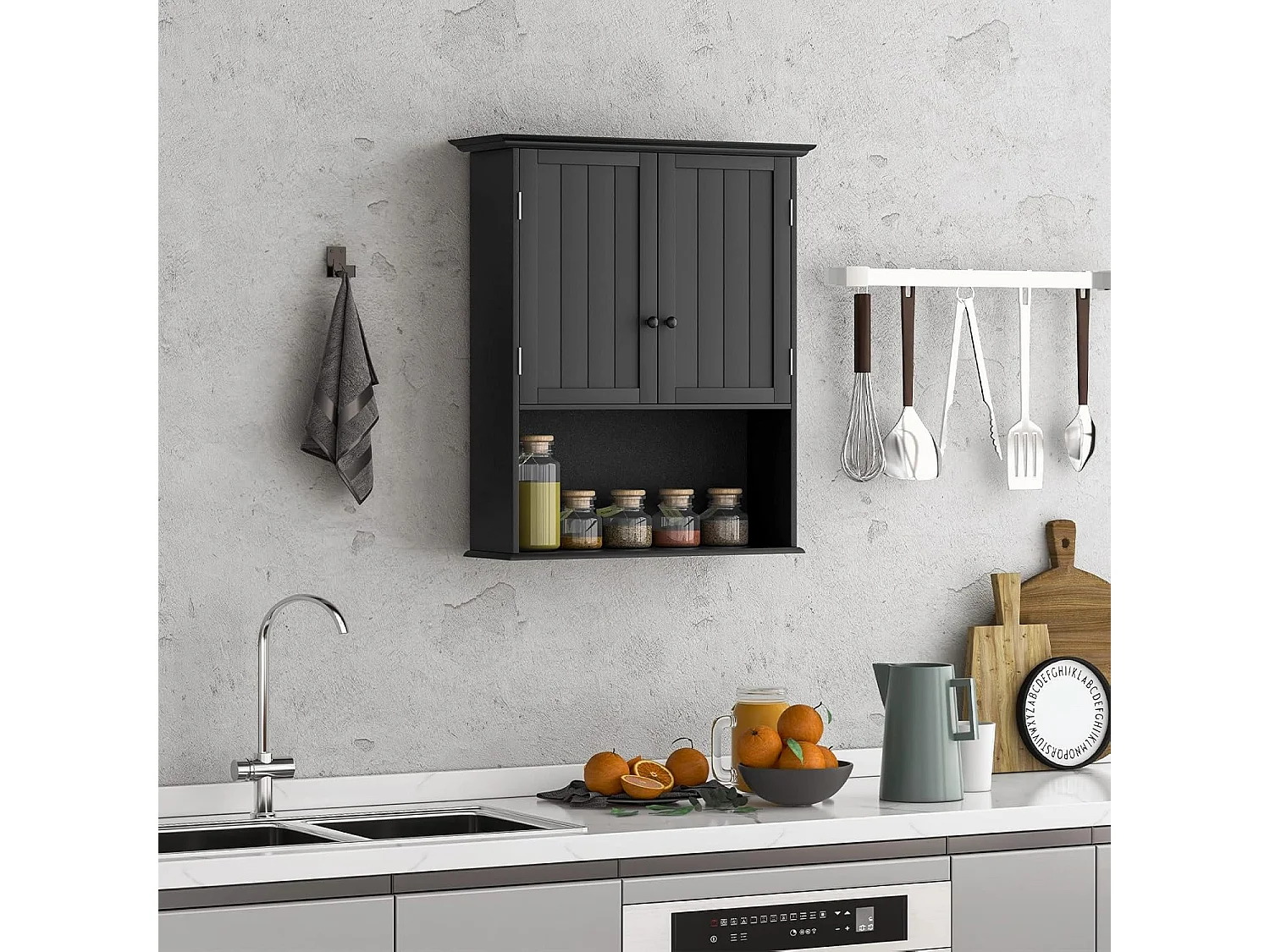 Hangkast, medicijnkast, wandkast met dubbele deur, badkamerkast, keukenkast, onderkast met verstelbare plank, kast voor badkamer, keuken, entree (zwart)TI88152