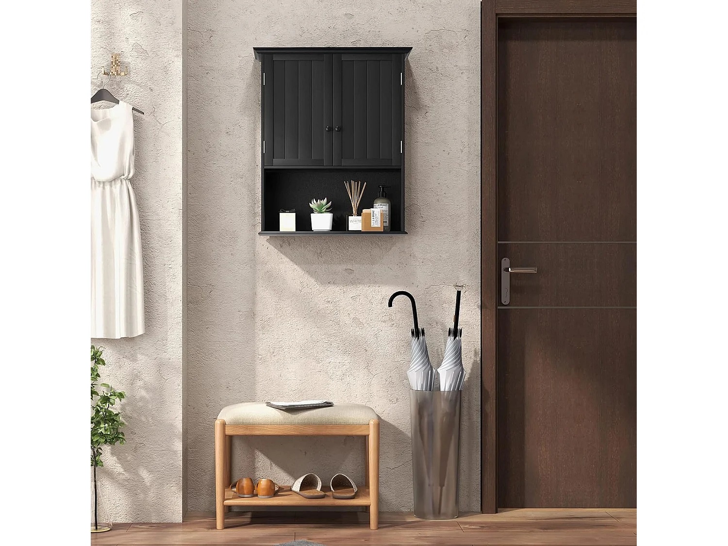 Hangkast, medicijnkast, wandkast met dubbele deur, badkamerkast, keukenkast, onderkast met verstelbare plank, kast voor badkamer, keuken, entree (zwart)TI88152