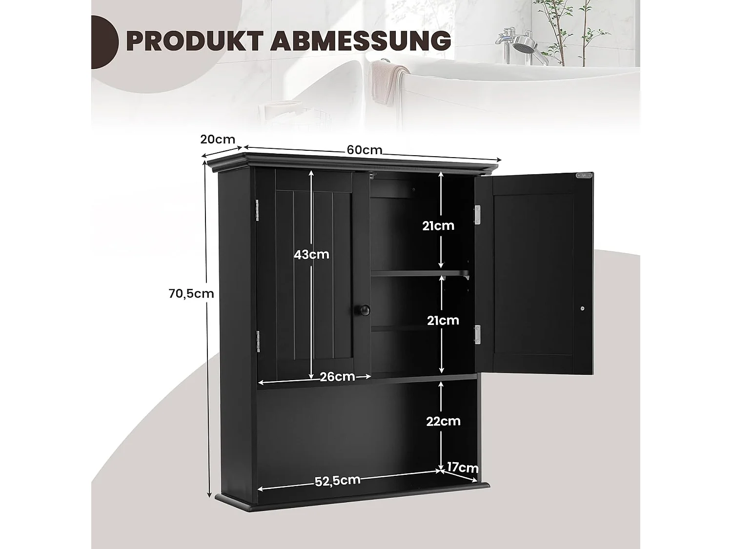 Hangkast, medicijnkast, wandkast met dubbele deur, badkamerkast, keukenkast, onderkast met verstelbare plank, kast voor badkamer, keuken, entree (zwart)TI88152