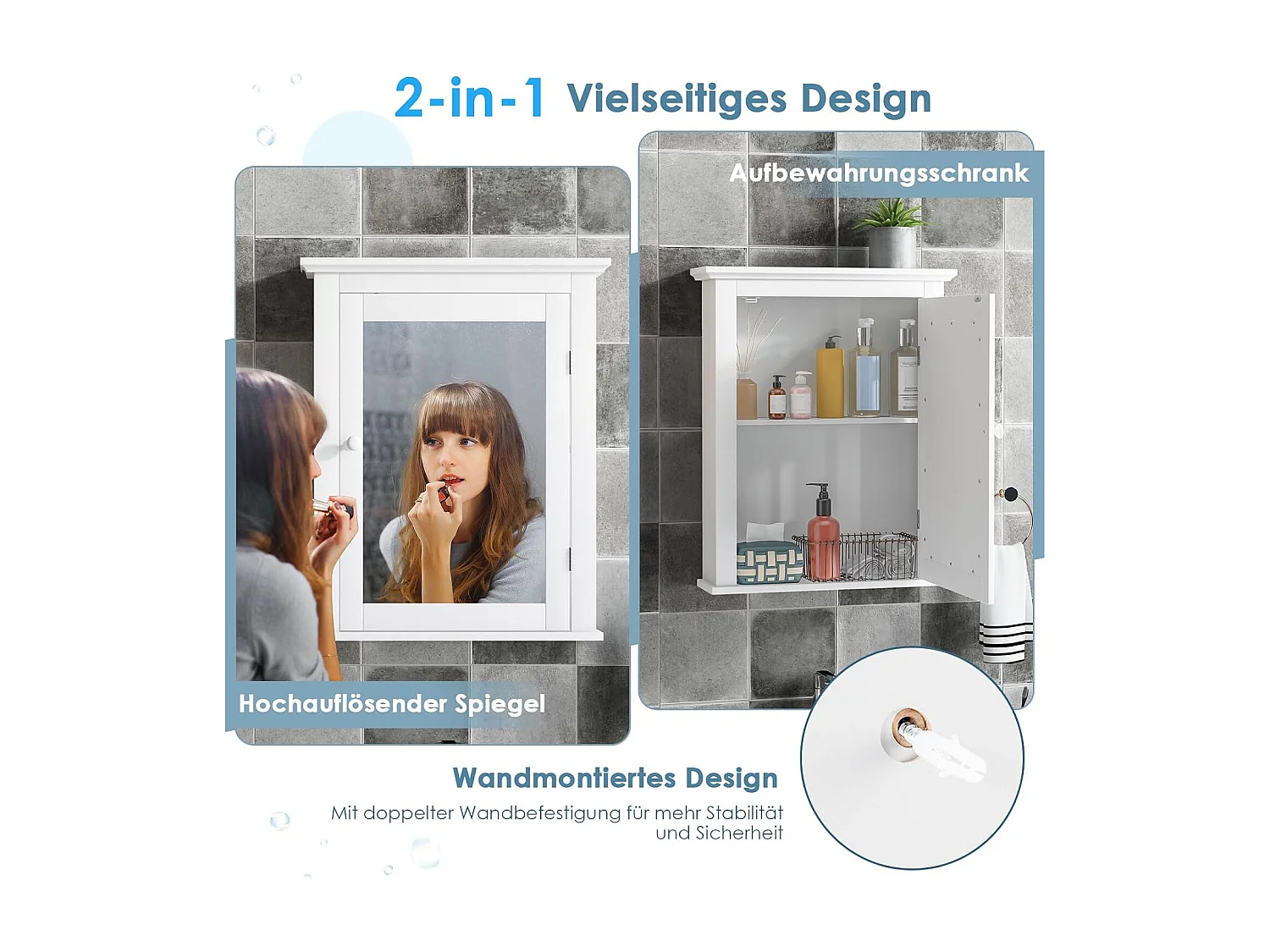 Spiegelkast, badkamer, wandkast met spiegel, badkamerspiegelkast, hangkast, houten badkamerspiegel met verstelbare plank,multifunctionele kast (wit)TI71543