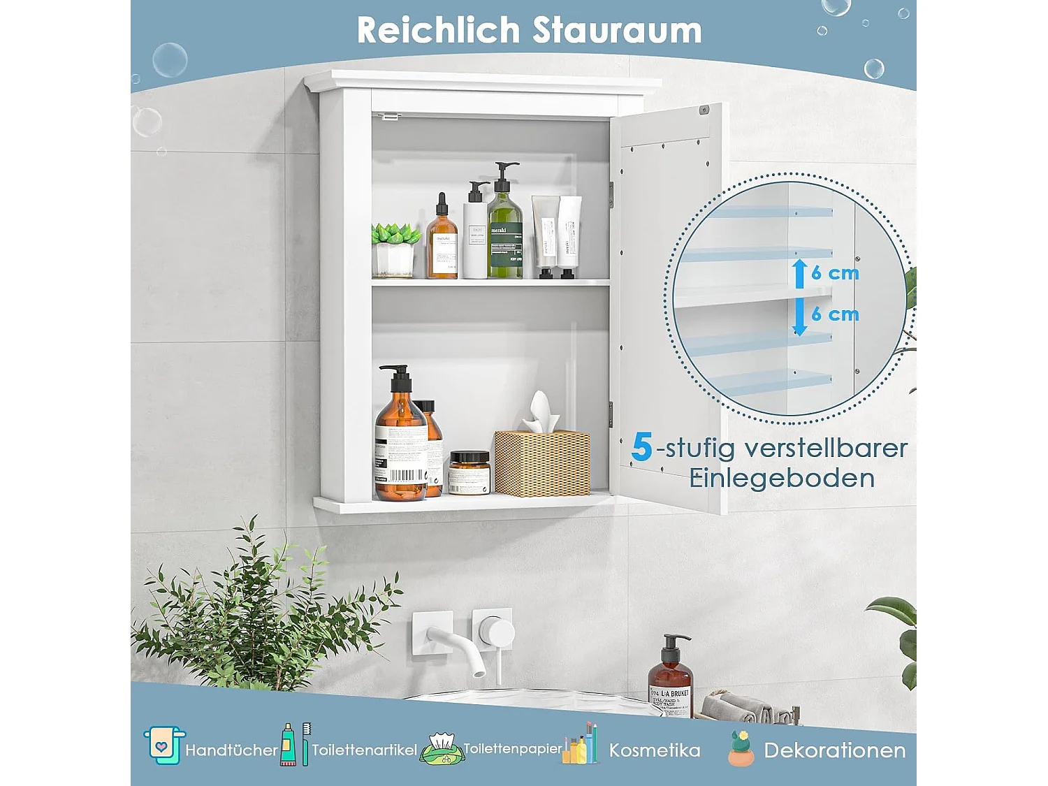 Spiegelkast, badkamer, wandkast met spiegel, badkamerspiegelkast, hangkast, houten badkamerspiegel met verstelbare plank,multifunctionele kast (wit)TI71543