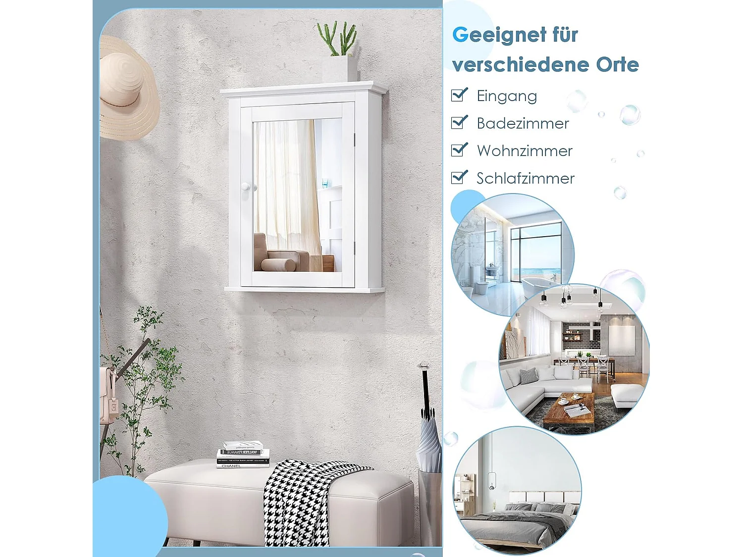 Spiegelkast, badkamer, wandkast met spiegel, badkamerspiegelkast, hangkast, houten badkamerspiegel met verstelbare plank,multifunctionele kast (wit)TI71543