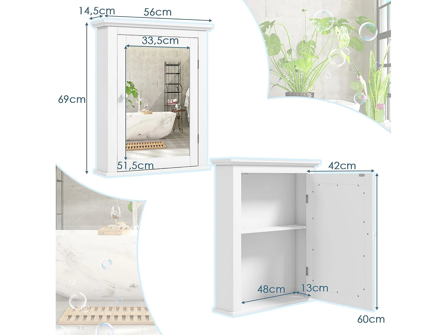 Spiegelkast, badkamer, wandkast met spiegel, badkamerspiegelkast, hangkast, houten badkamerspiegel met verstelbare plank,multifunctionele kast (wit)TI71543