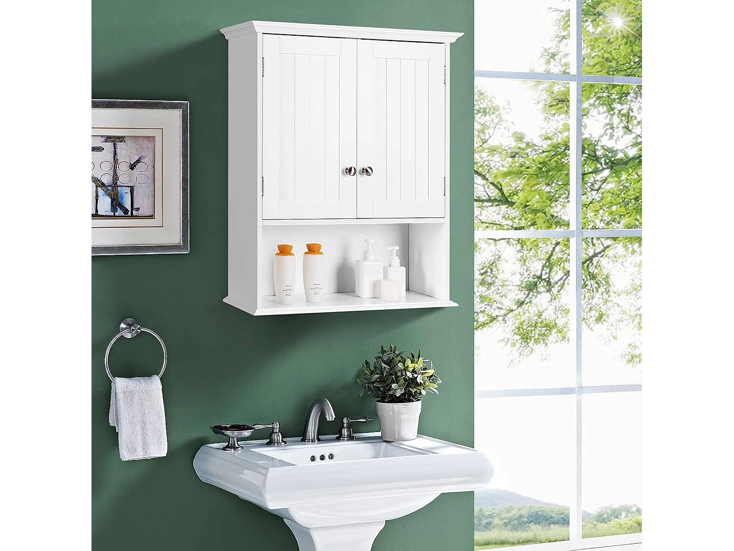 Hangkast voor badkamer, badkamerkast van hout met deuren en verstelbare planken, wandkast, keukenkast voor badkamer, keuken, slaapkamer, 60 x 19 x 71 cmTI88801