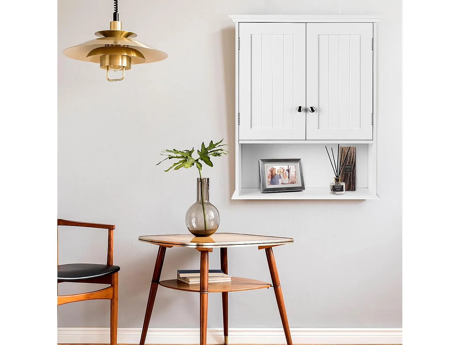 Hangkast voor badkamer, badkamerkast van hout met deuren en verstelbare planken, wandkast, keukenkast voor badkamer, keuken, slaapkamer, 60 x 19 x 71 cmTI88801