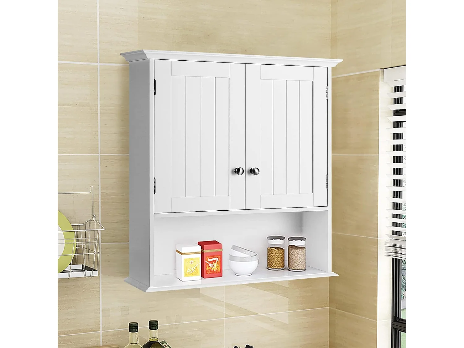 Hangkast voor badkamer, badkamerkast van hout met deuren en verstelbare planken, wandkast, keukenkast voor badkamer, keuken, slaapkamer, 60 x 19 x 71 cmTI88801