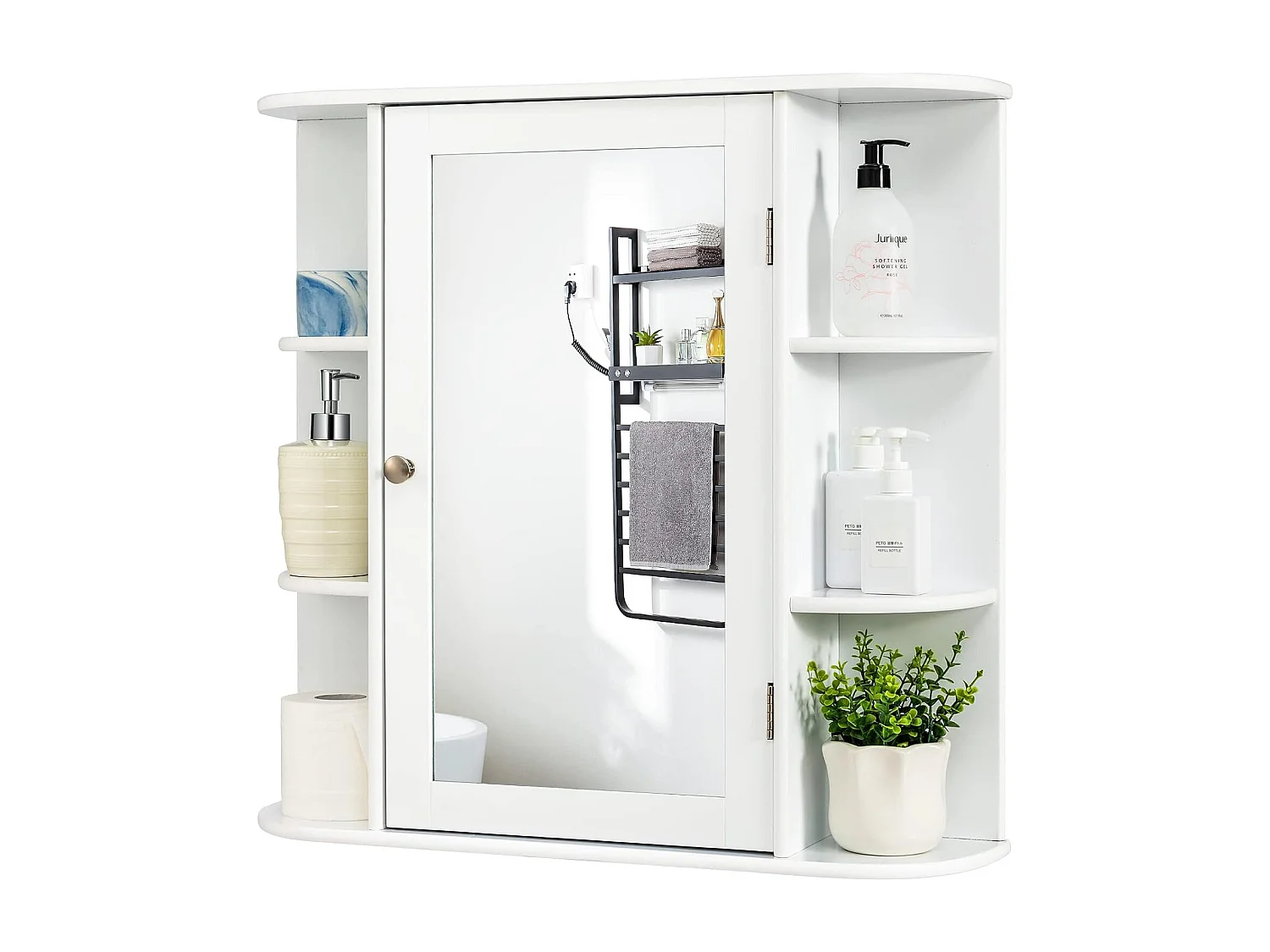 Spiegelkast voor badkamer, 4 vakken en 6 open planken, badkamerkast met spiegel, hangende badkamerkast, hout, 66 x 17 x 63 cm (wit)VH32668