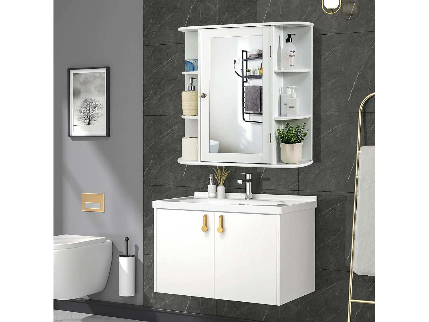 Spiegelkast voor badkamer, 4 vakken en 6 open planken, badkamerkast met spiegel, hangende badkamerkast, hout, 66 x 17 x 63 cm (wit)VH32668