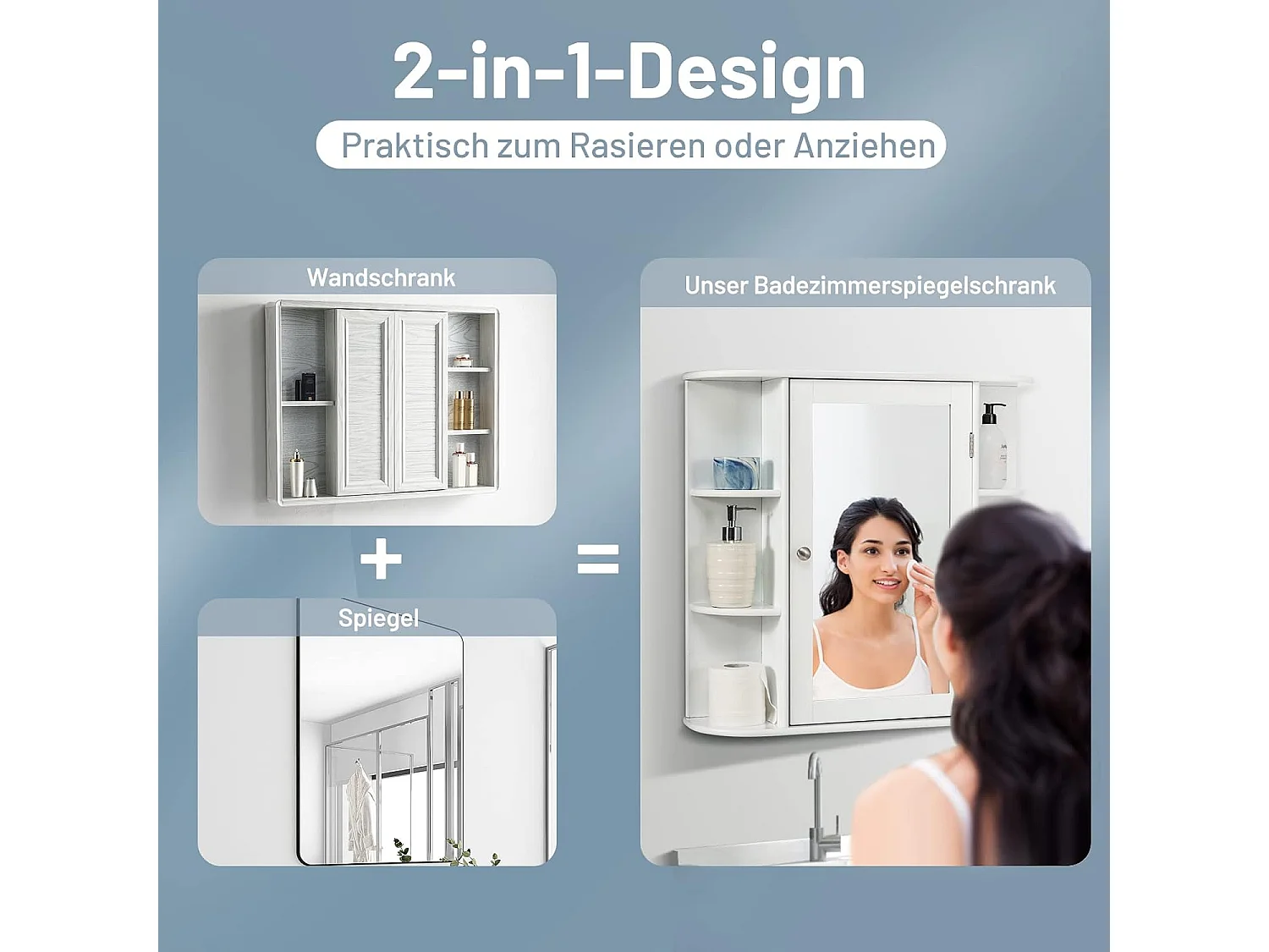 Spiegelkast voor badkamer, 4 vakken en 6 open planken, badkamerkast met spiegel, hangende badkamerkast, hout, 66 x 17 x 63 cm (wit)VH32668