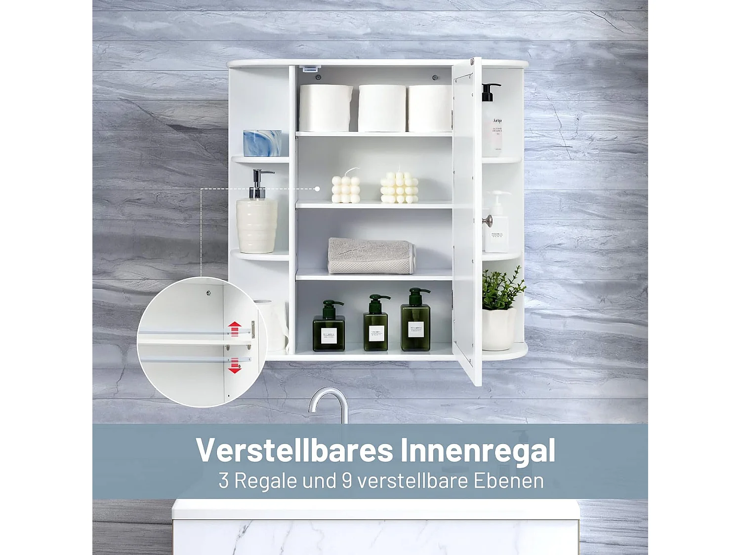 Spiegelkast voor badkamer, 4 vakken en 6 open planken, badkamerkast met spiegel, hangende badkamerkast, hout, 66 x 17 x 63 cm (wit)VH32668