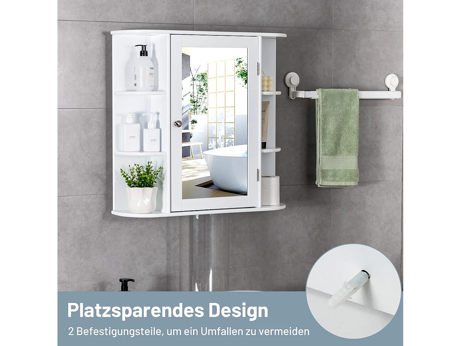 Spiegelkast voor badkamer, 4 vakken en 6 open planken, badkamerkast met spiegel, hangende badkamerkast, hout, 66 x 17 x 63 cm (wit)VH32668