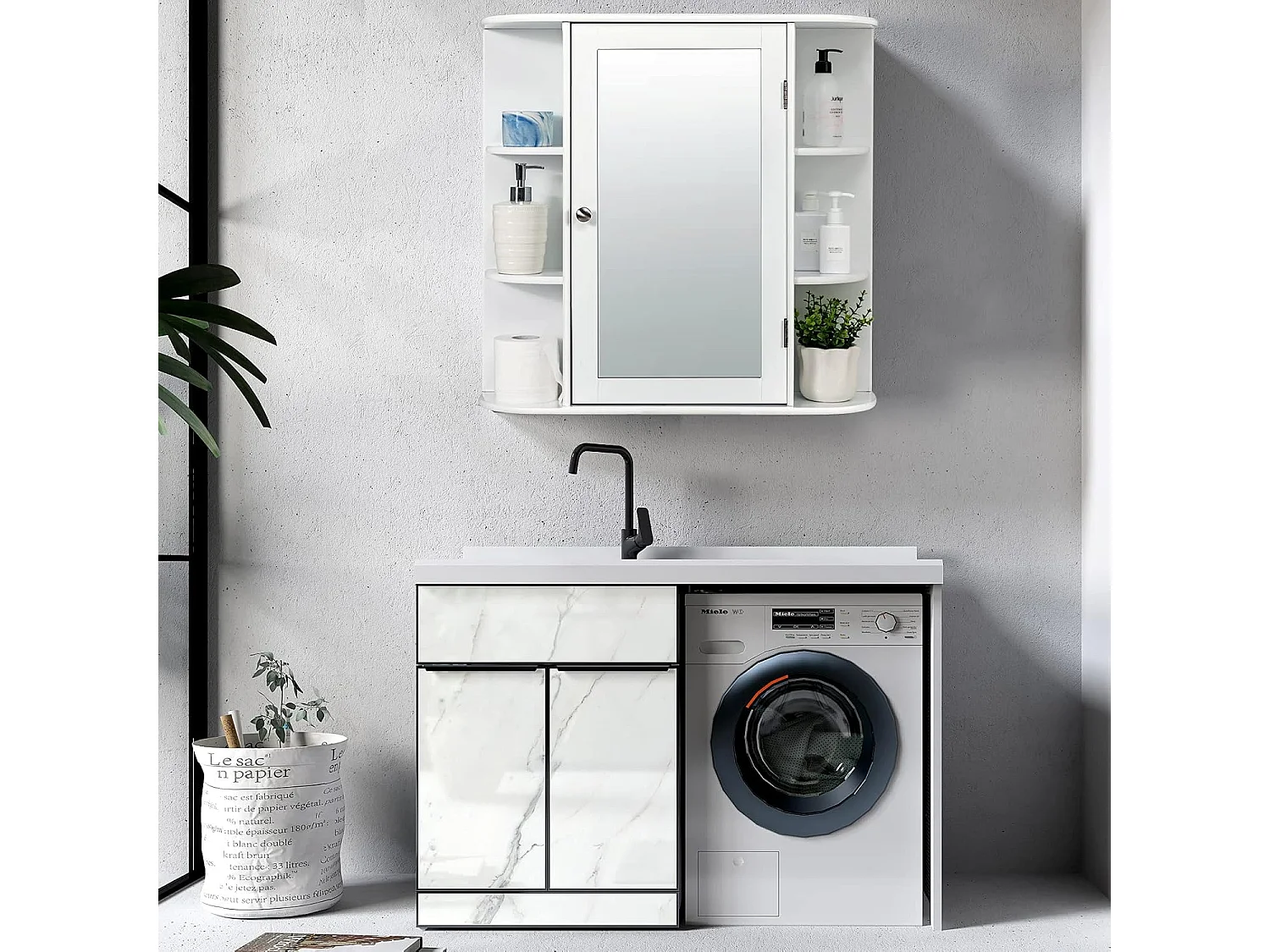 Spiegelkast voor badkamer, 4 vakken en 6 open planken, badkamerkast met spiegel, hangende badkamerkast, hout, 66 x 17 x 63 cm (wit)VH32668