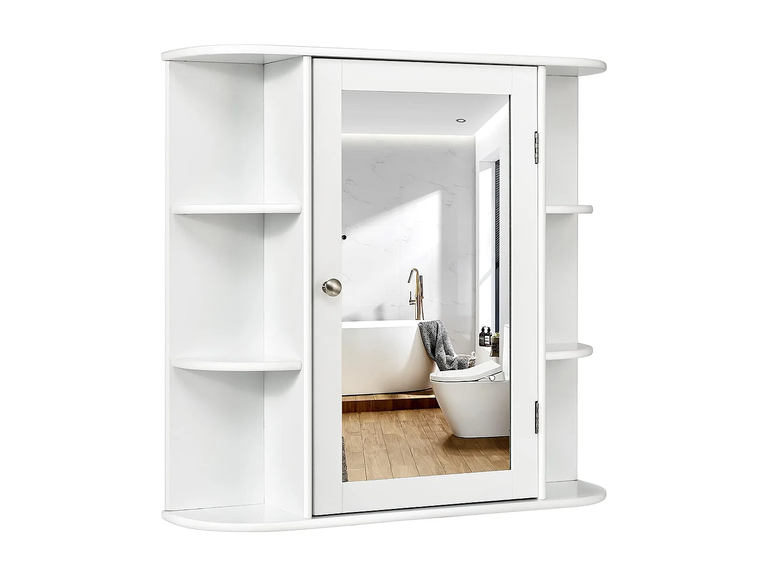 Spiegelkast voor badkamer, 4 vakken en 6 open planken, badkamerkast met spiegel, hangende badkamerkast, hout, 66 x 17 x 63 cm (wit)VH32668