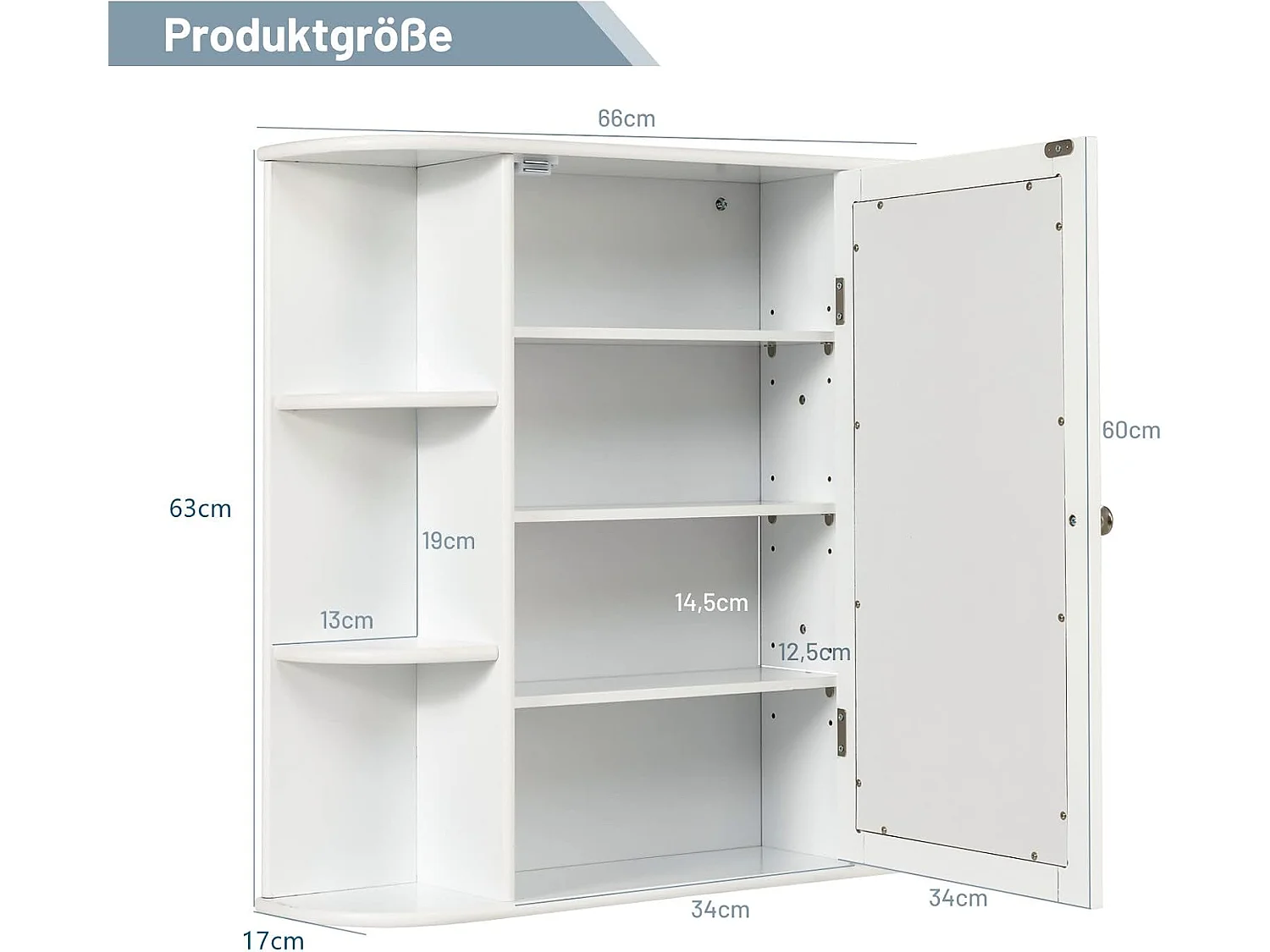 Spiegelkast voor badkamer, 4 vakken en 6 open planken, badkamerkast met spiegel, hangende badkamerkast, hout, 66 x 17 x 63 cm (wit)VH32668
