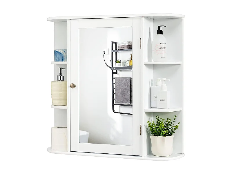 Spiegelkast voor badkamer, 4 vakken en 6 open planken, badkamerkast met spiegel, hangende badkamerkast, hout, 66 x 17 x 63 cm (wit)VH32668