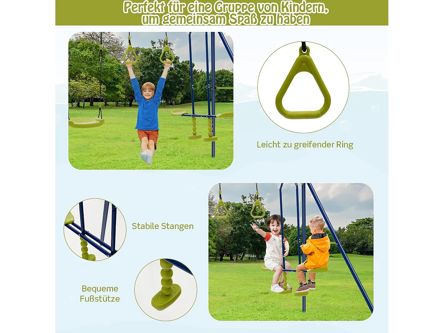 Kinder Schommel voor in de Tuin tot 200 kg, 3-in-1 Schommelstandaard, Schommel, Turnringen, Buiten Speeltoestel voor Achtertuin, Tuin, Park, 3+ Jaar Oud ZB32988