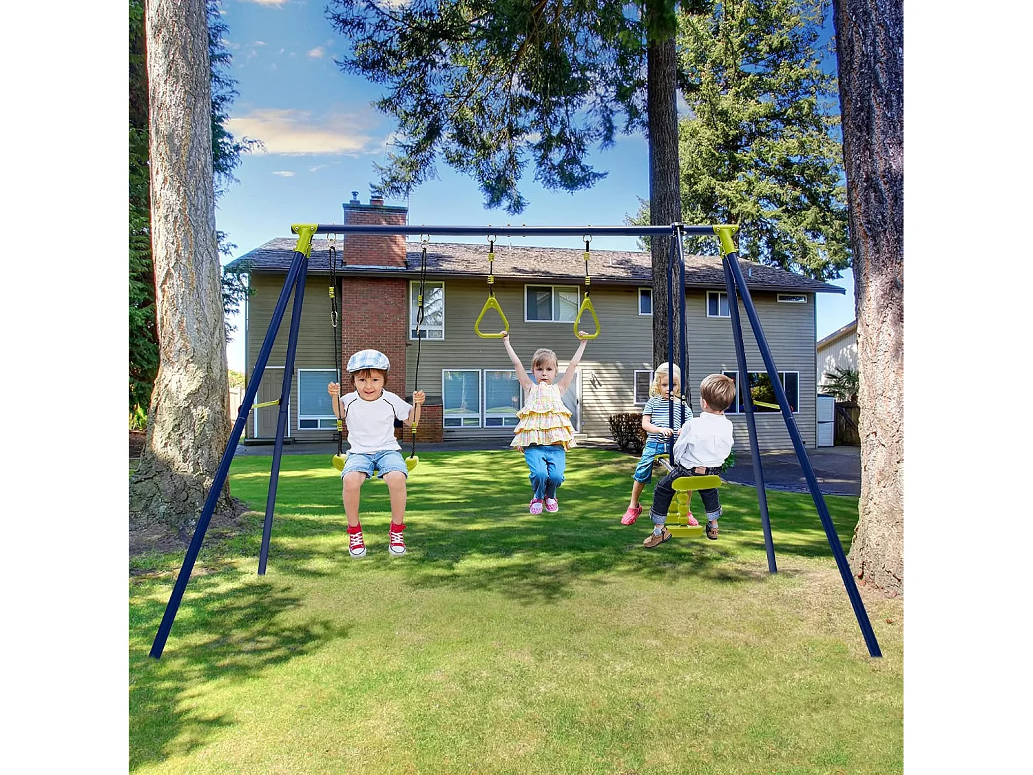 Kinder Schommel voor in de Tuin tot 200 kg, 3-in-1 Schommelstandaard, Schommel, Turnringen, Buiten Speeltoestel voor Achtertuin, Tuin, Park, 3+ Jaar Oud ZB32988