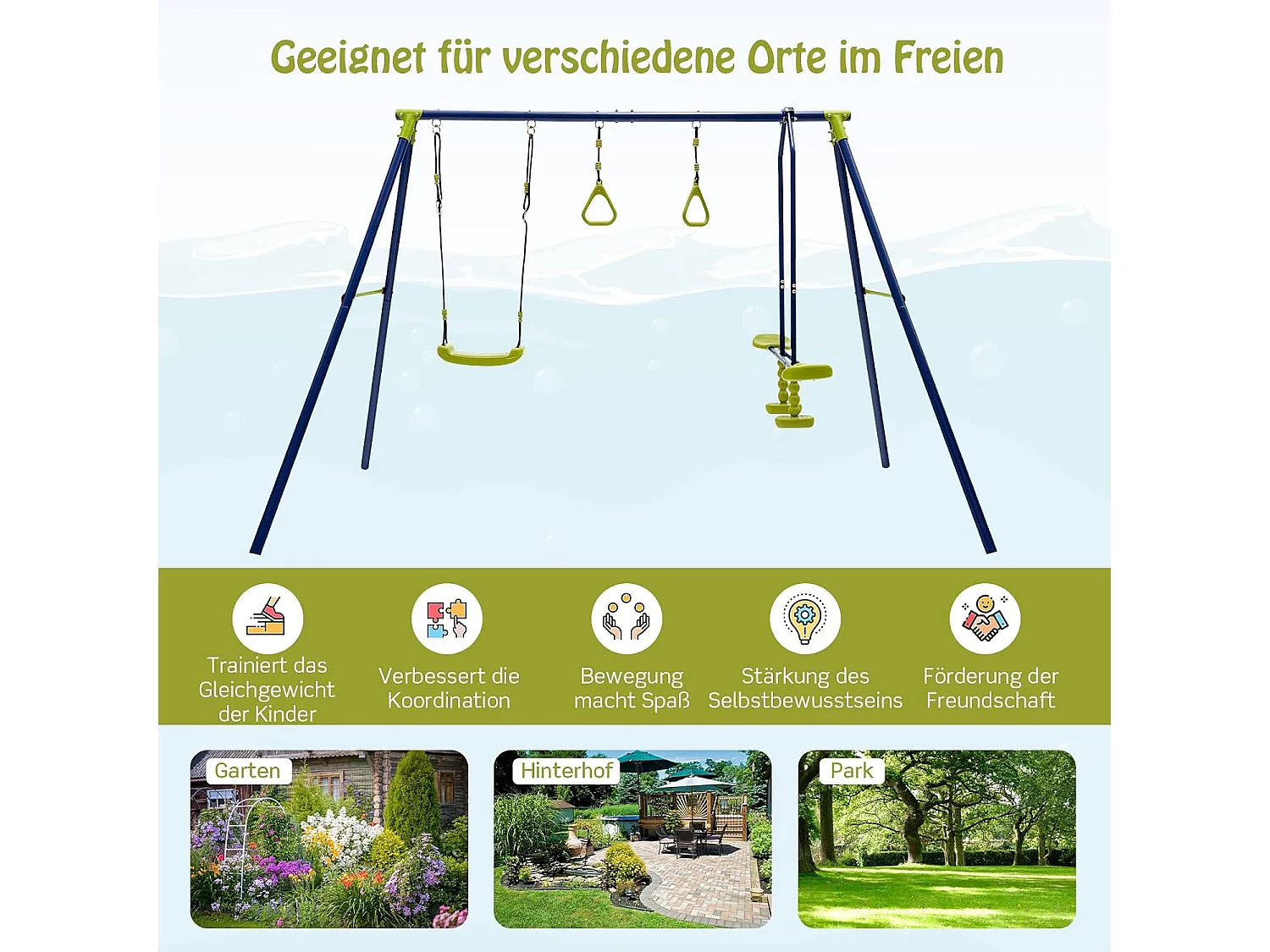 Kinder Schommel voor in de Tuin tot 200 kg, 3-in-1 Schommelstandaard, Schommel, Turnringen, Buiten Speeltoestel voor Achtertuin, Tuin, Park, 3+ Jaar Oud ZB32988