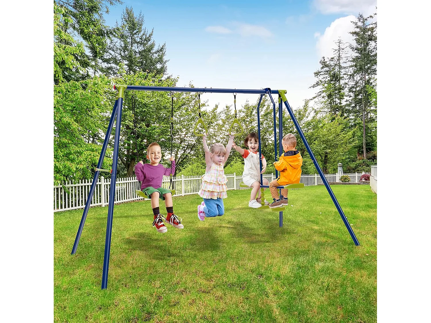 Kinder Schommel voor in de Tuin tot 200 kg, 3-in-1 Schommelstandaard, Schommel, Turnringen, Buiten Speeltoestel voor Achtertuin, Tuin, Park, 3+ Jaar Oud ZB32988