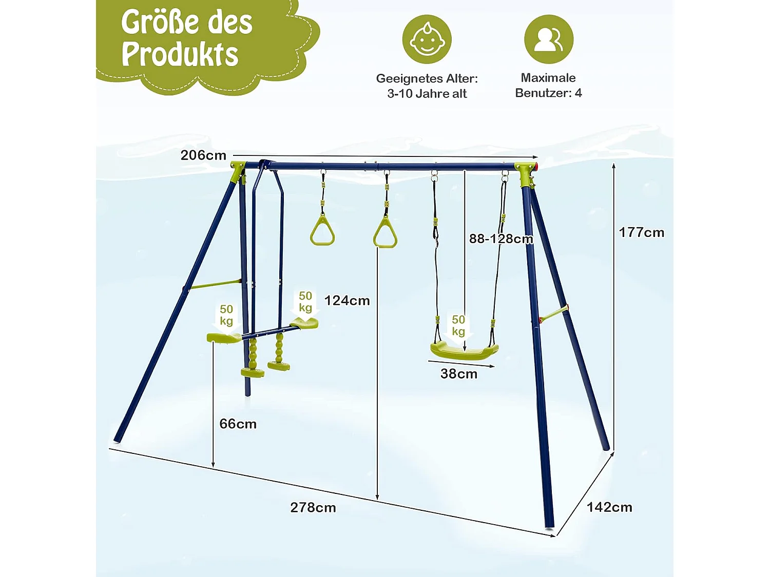 Kinder Schommel voor in de Tuin tot 200 kg, 3-in-1 Schommelstandaard, Schommel, Turnringen, Buiten Speeltoestel voor Achtertuin, Tuin, Park, 3+ Jaar Oud ZB32988