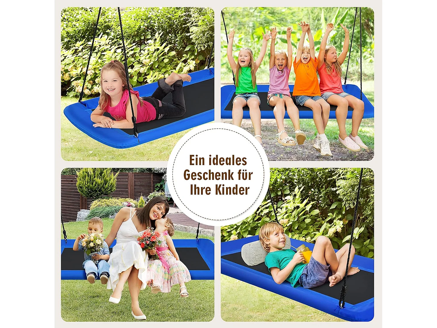 Nestschommel, vierkant,150 x 80 cm, boomschommel met 100-180 cm verstelbaar touw, kinderschommel, outdoor tuinschommel voor kinderen en volwassenen (blauw) ZB33885