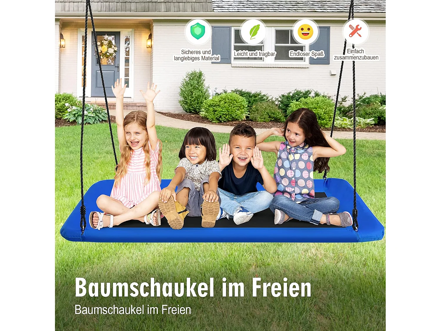 Nestschommel, vierkant,150 x 80 cm, boomschommel met 100-180 cm verstelbaar touw, kinderschommel, outdoor tuinschommel voor kinderen en volwassenen (blauw) ZB33885