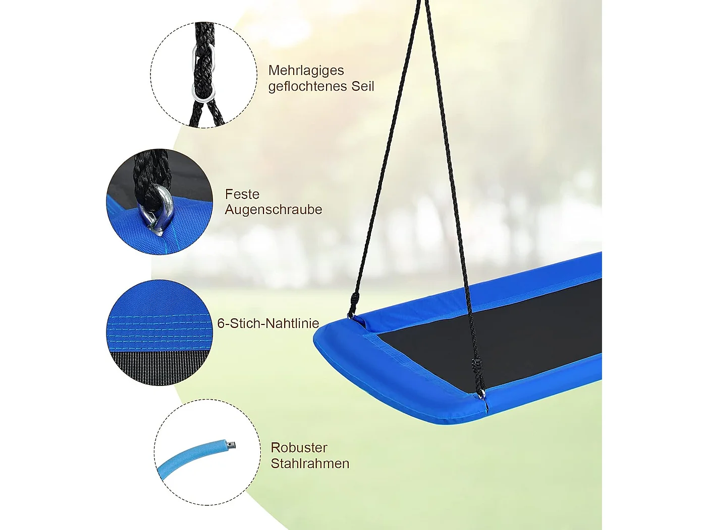 Nestschommel, vierkant,150 x 80 cm, boomschommel met 100-180 cm verstelbaar touw, kinderschommel, outdoor tuinschommel voor kinderen en volwassenen (blauw) ZB33885