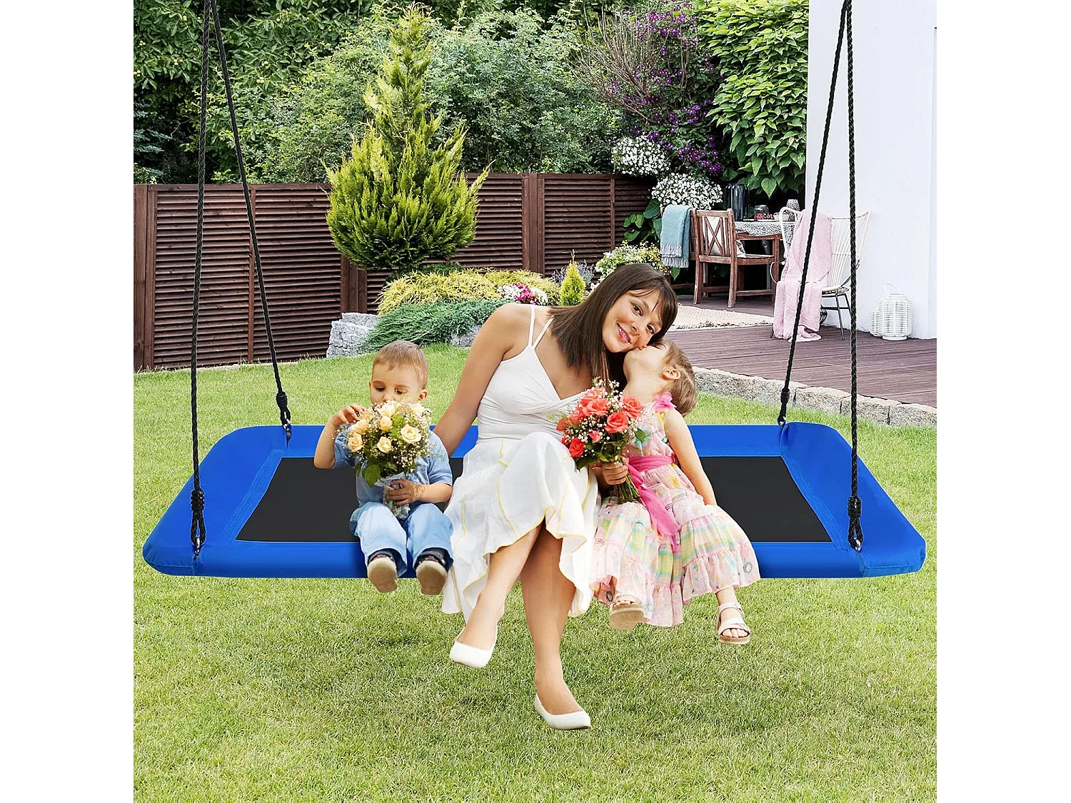 Nestschommel, vierkant,150 x 80 cm, boomschommel met 100-180 cm verstelbaar touw, kinderschommel, outdoor tuinschommel voor kinderen en volwassenen (blauw) ZB33885