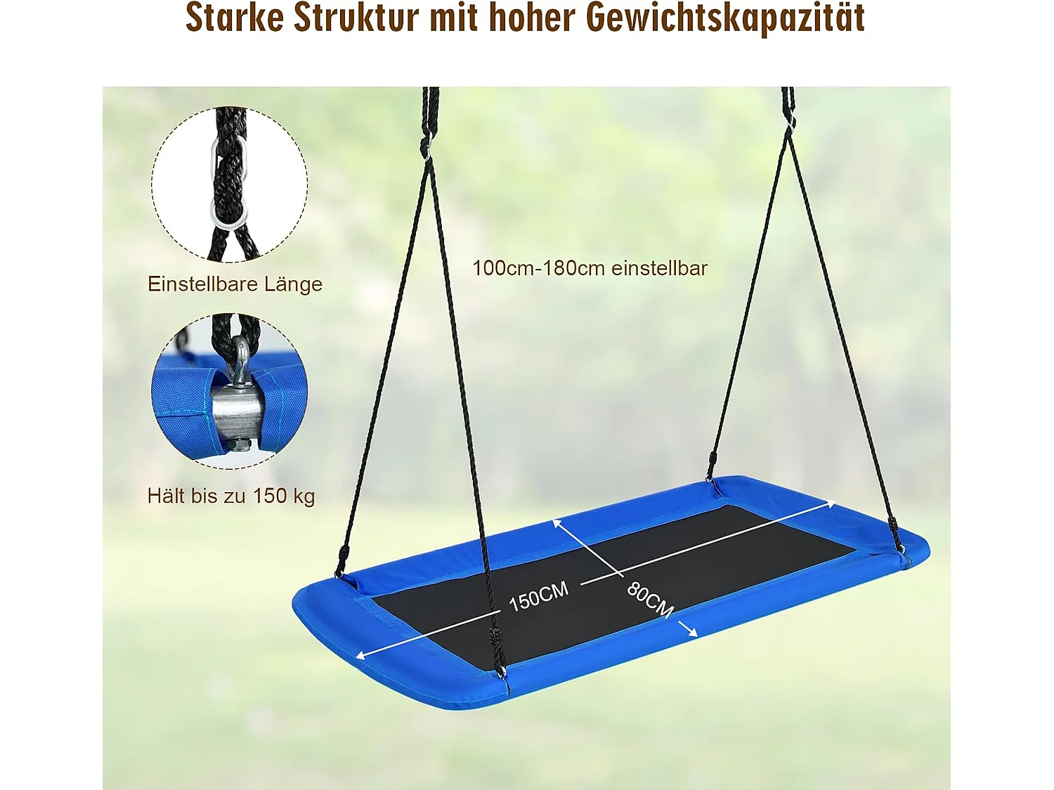Nestschommel, vierkant,150 x 80 cm, boomschommel met 100-180 cm verstelbaar touw, kinderschommel, outdoor tuinschommel voor kinderen en volwassenen (blauw) ZB33885