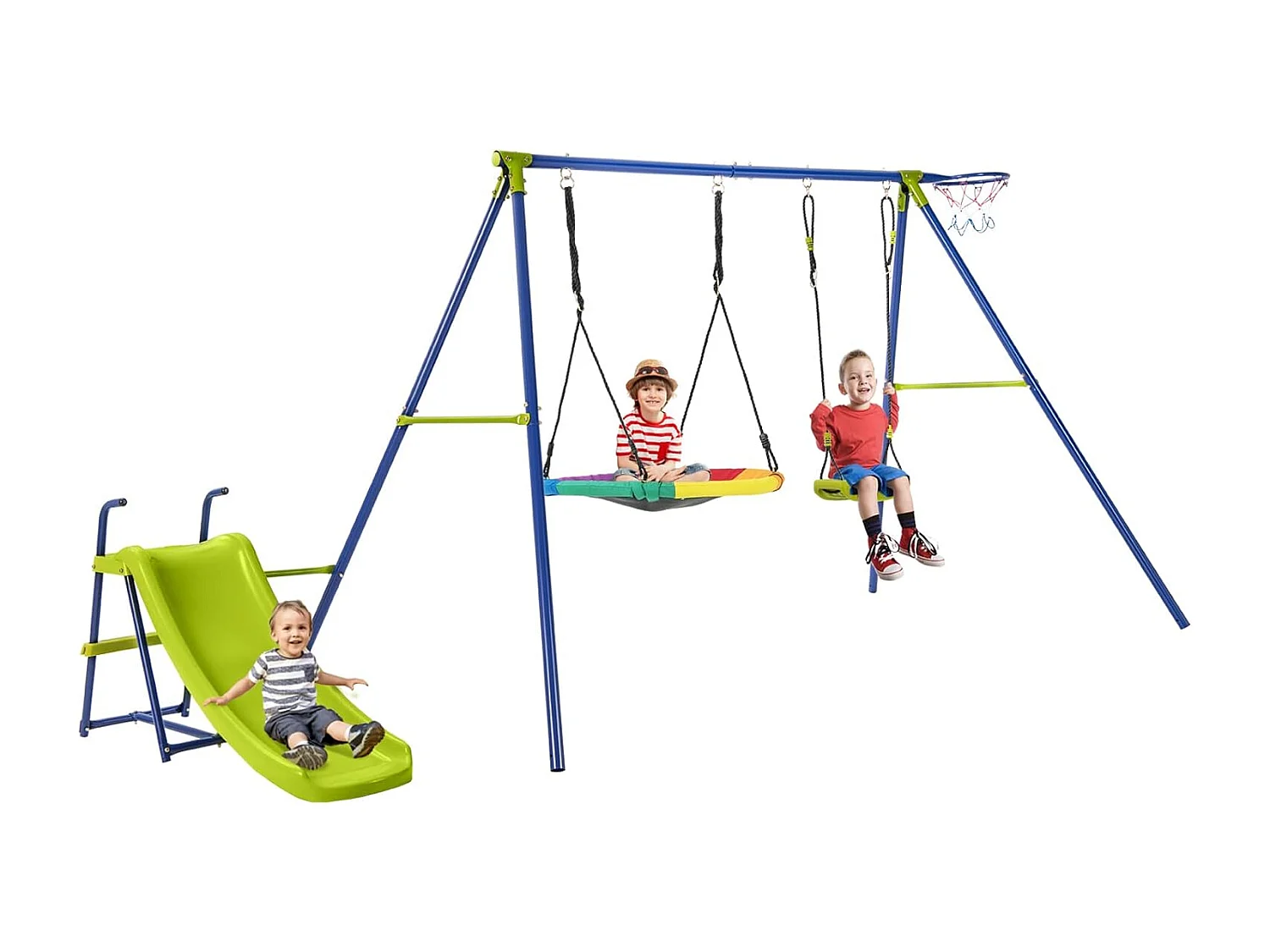 4-in-1 schommelset, schommelframe met schommel, glijbaan en basketbalmand,schommelframe met dubbele schommel,tuinschommel met metalen frame voor binnenplaats, tuin