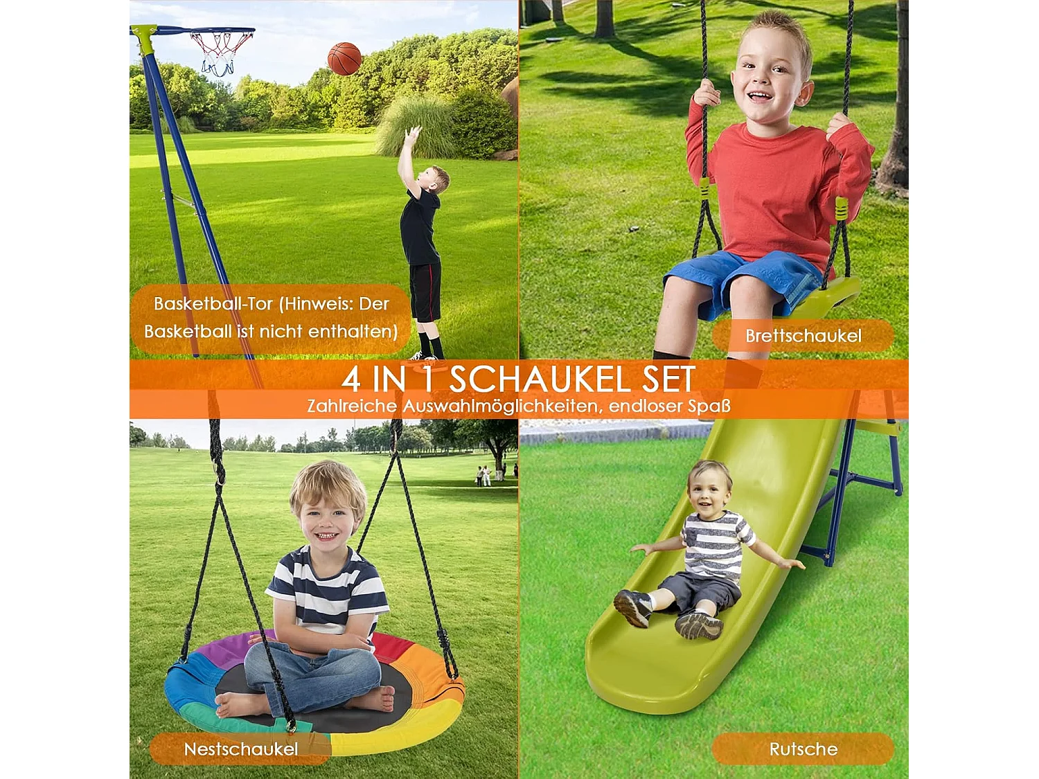 4-in-1 schommelset, schommelframe met schommel, glijbaan en basketbalmand,schommelframe met dubbele schommel,tuinschommel met metalen frame voor binnenplaats, tuin