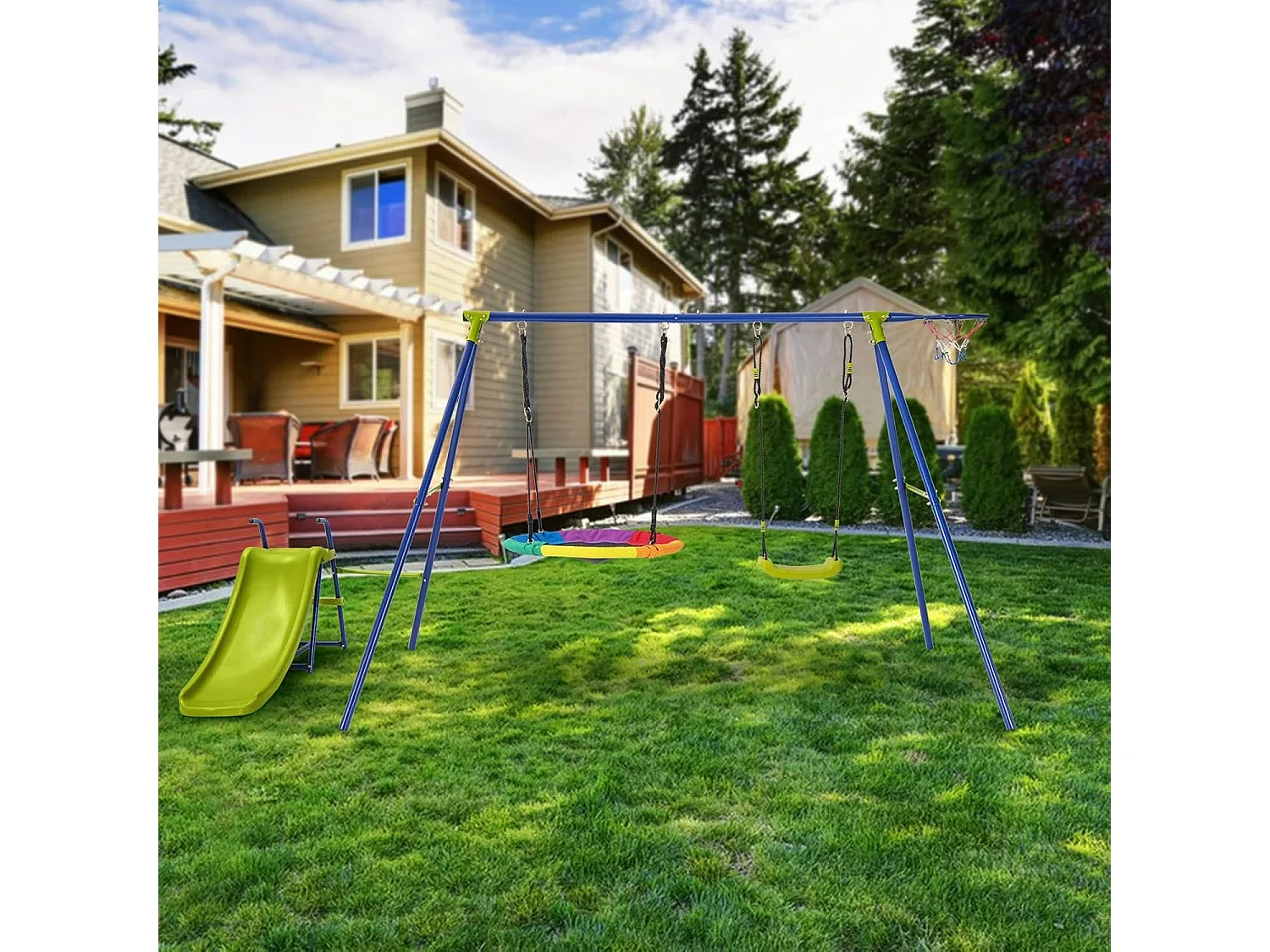 4-in-1 schommelset, schommelframe met schommel, glijbaan en basketbalmand,schommelframe met dubbele schommel,tuinschommel met metalen frame voor binnenplaats, tuin