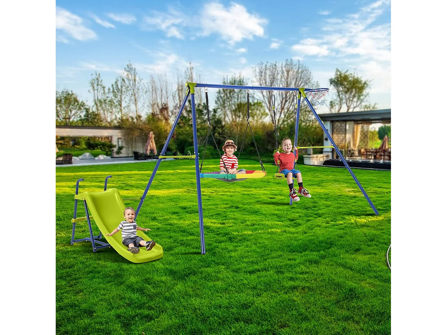 4-in-1 schommelset, schommelframe met schommel, glijbaan en basketbalmand,schommelframe met dubbele schommel,tuinschommel met metalen frame voor binnenplaats, tuin