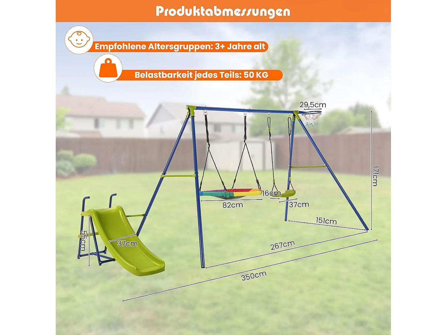 4-in-1 schommelset, schommelframe met schommel, glijbaan en basketbalmand,schommelframe met dubbele schommel,tuinschommel met metalen frame voor binnenplaats, tuin