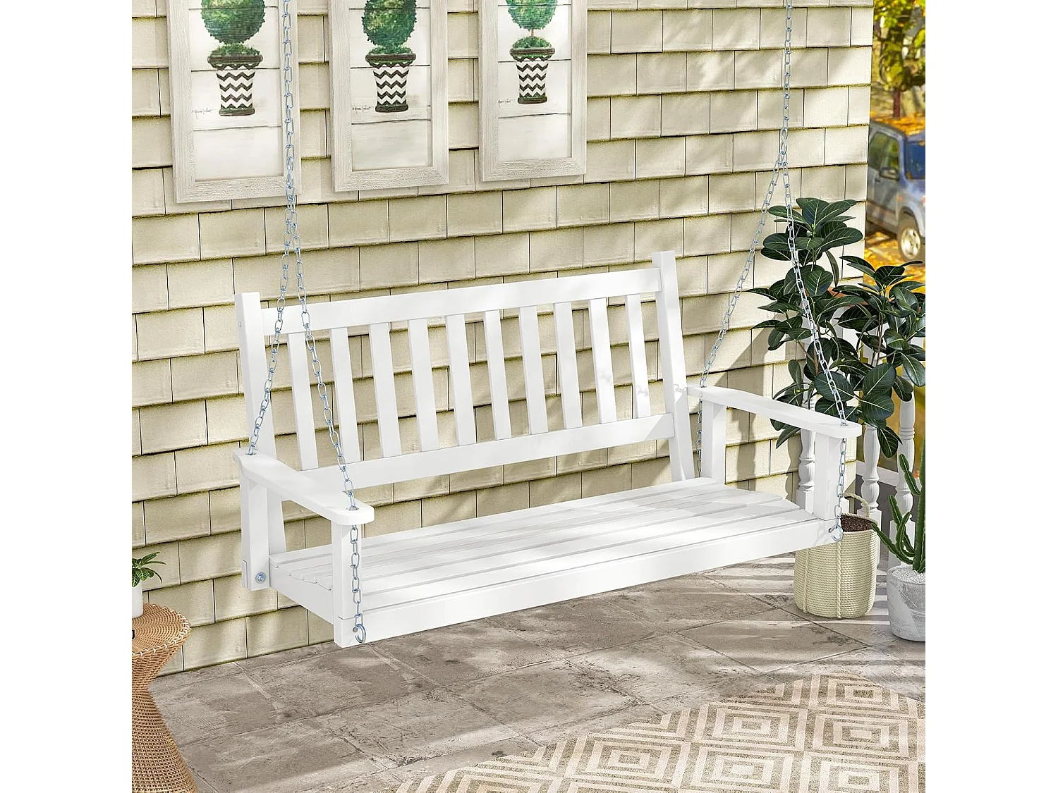Hangbank van massief hout,2-zits tuinschommel om op te hangen,schommelbank,belastbaar tot 230 kg, outdoor schommelbank voor terras, tuin, binnenplaats, wit ZB33667