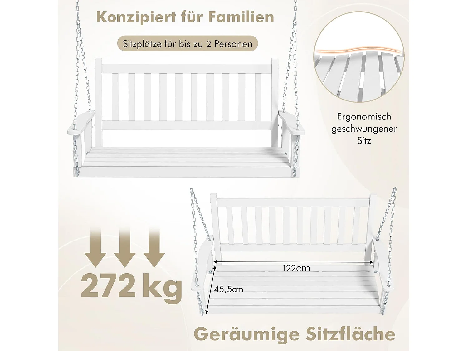 Hangbank van massief hout,2-zits tuinschommel om op te hangen,schommelbank,belastbaar tot 230 kg, outdoor schommelbank voor terras, tuin, binnenplaats, wit ZB33667