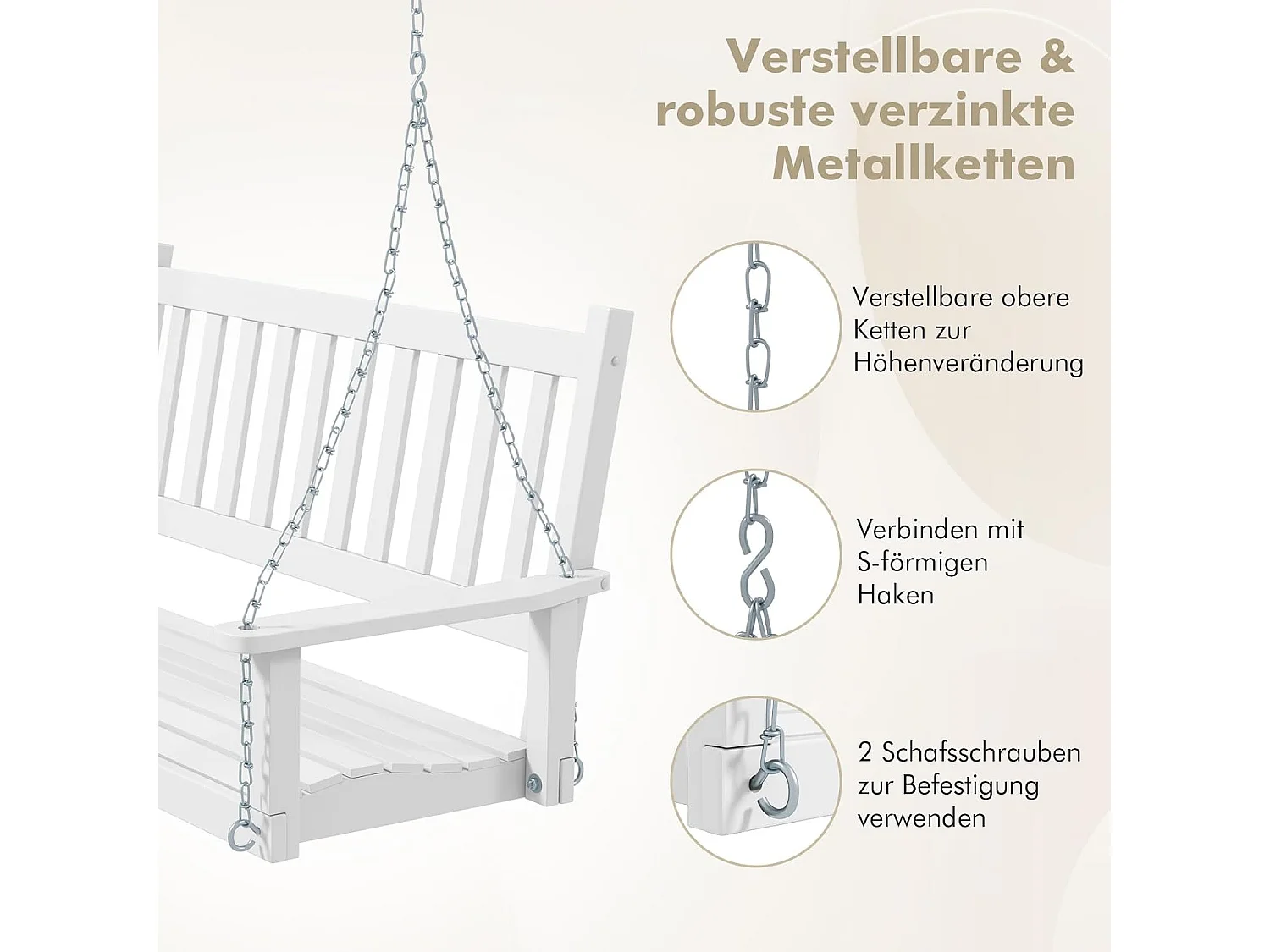 Hangbank van massief hout,2-zits tuinschommel om op te hangen,schommelbank,belastbaar tot 230 kg, outdoor schommelbank voor terras, tuin, binnenplaats, wit ZB33667