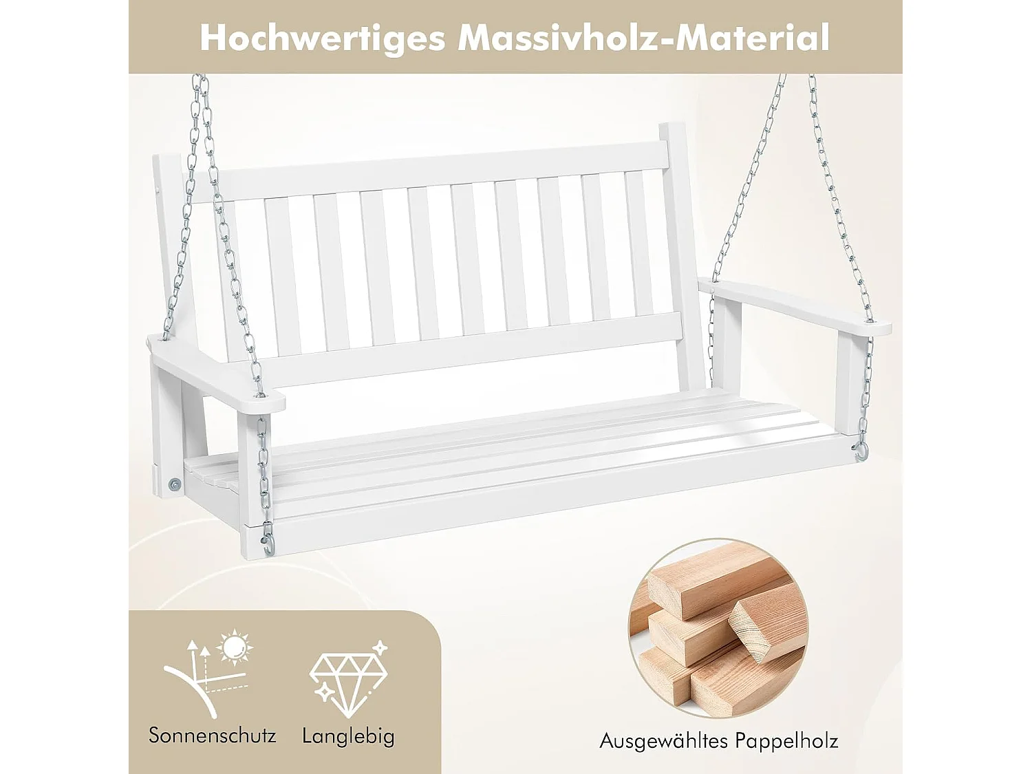 Hangbank van massief hout,2-zits tuinschommel om op te hangen,schommelbank,belastbaar tot 230 kg, outdoor schommelbank voor terras, tuin, binnenplaats, wit ZB33667