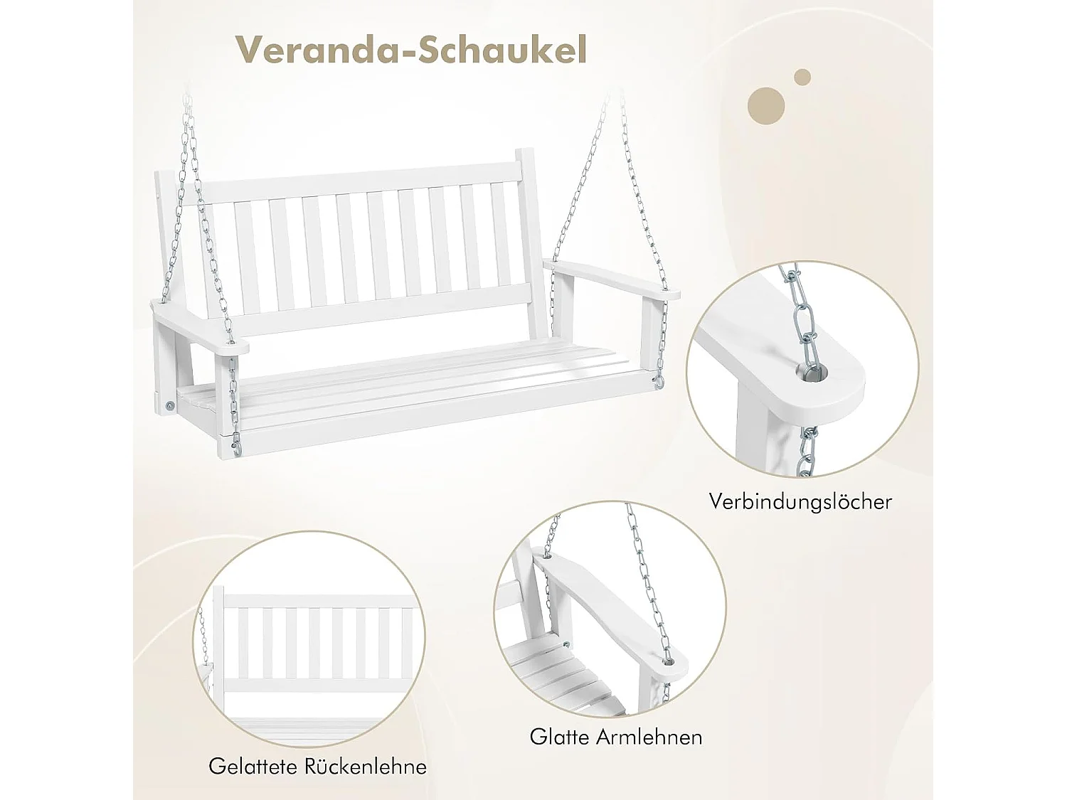 Hangbank van massief hout,2-zits tuinschommel om op te hangen,schommelbank,belastbaar tot 230 kg, outdoor schommelbank voor terras, tuin, binnenplaats, wit ZB33667