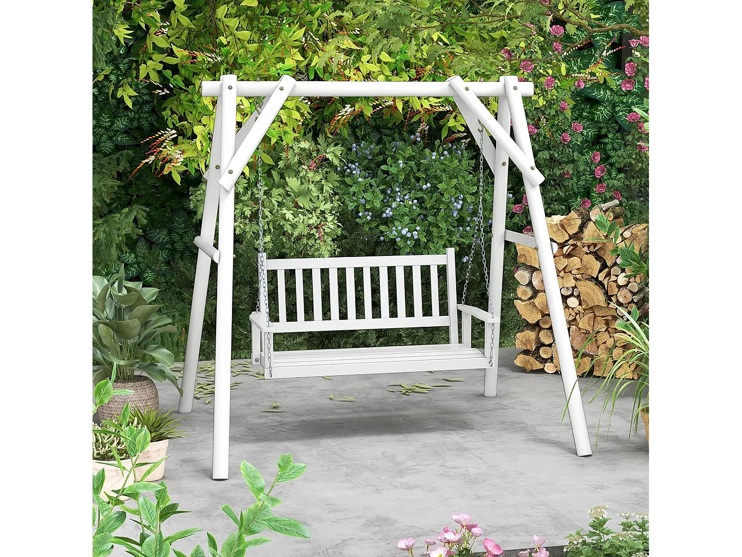 Hangbank van massief hout,2-zits tuinschommel om op te hangen,schommelbank,belastbaar tot 230 kg, outdoor schommelbank voor terras, tuin, binnenplaats, wit ZB33667