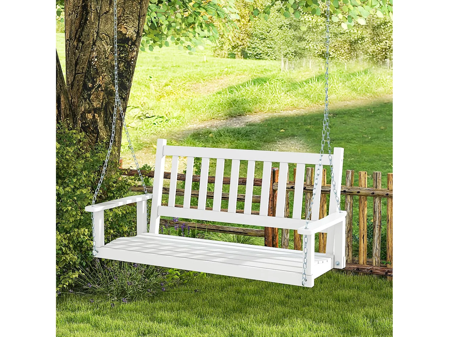 Hangbank van massief hout,2-zits tuinschommel om op te hangen,schommelbank,belastbaar tot 230 kg, outdoor schommelbank voor terras, tuin, binnenplaats, wit ZB33667