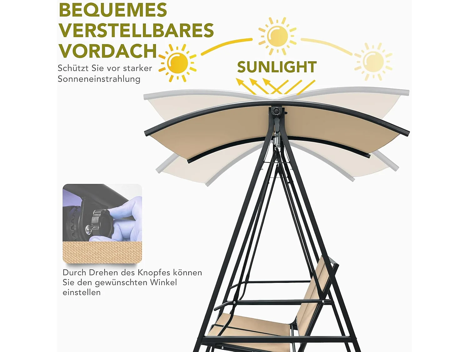 Schommelbank met verstelbaar dak, 2-zits tuinschommel, schommelbank voor tuin, terras en achtertuin ZB32427