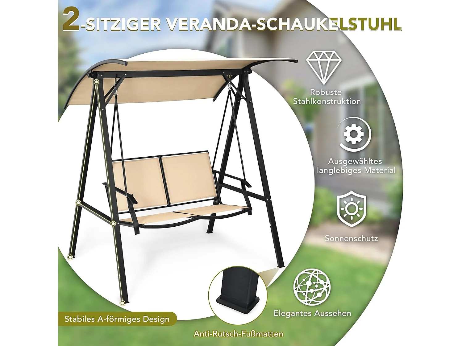 Schommelbank met verstelbaar dak, 2-zits tuinschommel, schommelbank voor tuin, terras en achtertuin ZB32427