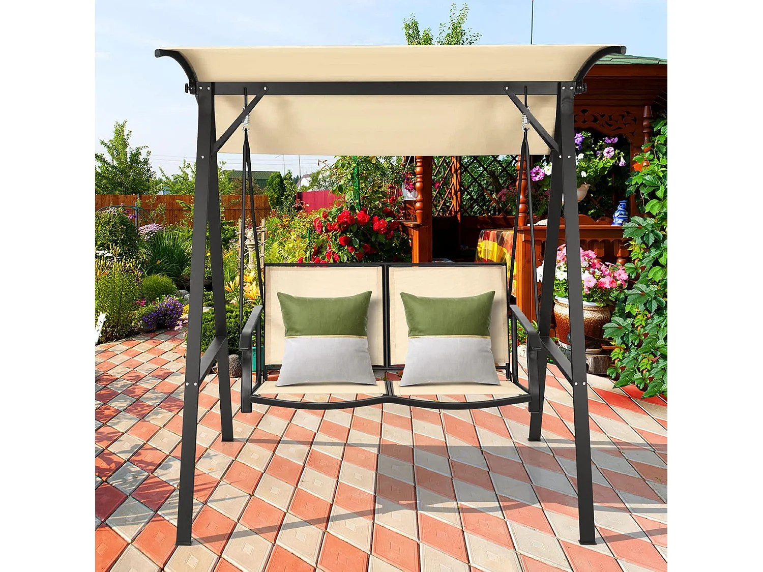 Schommelbank met verstelbaar dak, 2-zits tuinschommel, schommelbank voor tuin, terras en achtertuin ZB32427